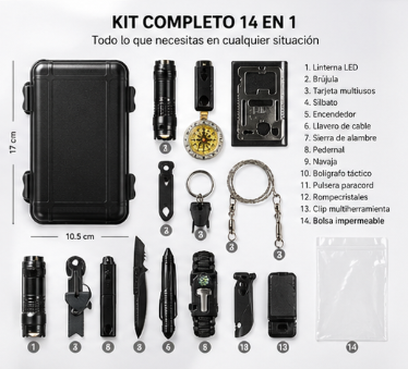 Kit de Supervivencia 14 en 1 – Herramientas de Emergencia para Camping y Aventuras